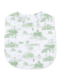 Green patterned baby bib featuring golfing scenes and nature illustrations on a white background.