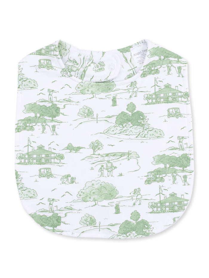 Green patterned baby bib featuring golfing scenes and nature illustrations on a white background.