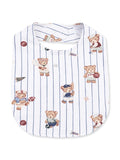 White bib with playful bear illustrations in sports attire on blue striped background. Perfect for babies.