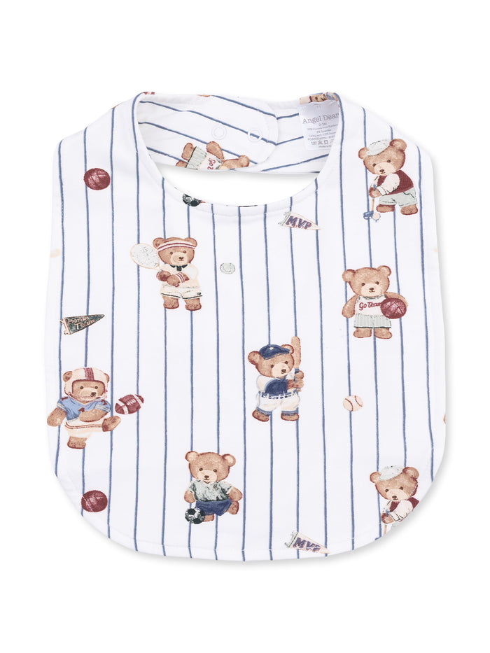 White bib with playful bear illustrations in sports attire on blue striped background. Perfect for babies.
