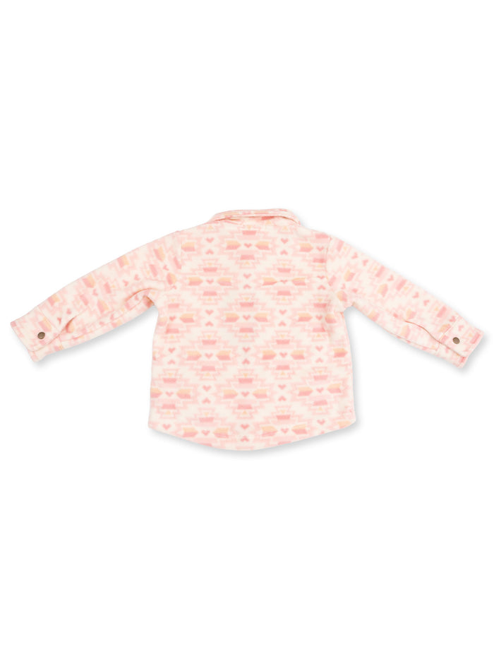 Back view of a pink patterned shirt with long sleeves and a collar. Perfect for casual wear.