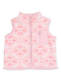 Pink fleece vest with a geometric pattern and a front zip pocket, ideal for layering in cool weather.