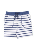 Boys' striped shorts in navy and white, featuring an elastic waistband and front pockets. Ideal for casual wear.
