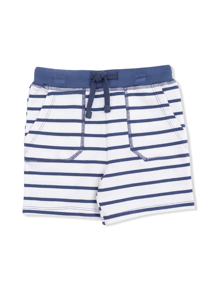 Boys' striped shorts in navy and white, featuring an elastic waistband and front pockets. Ideal for casual wear.