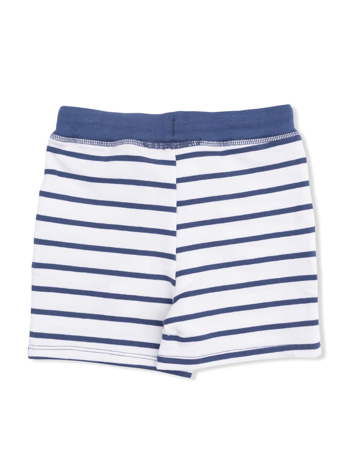 Navy and white striped children's shorts displayed flat on a white background.