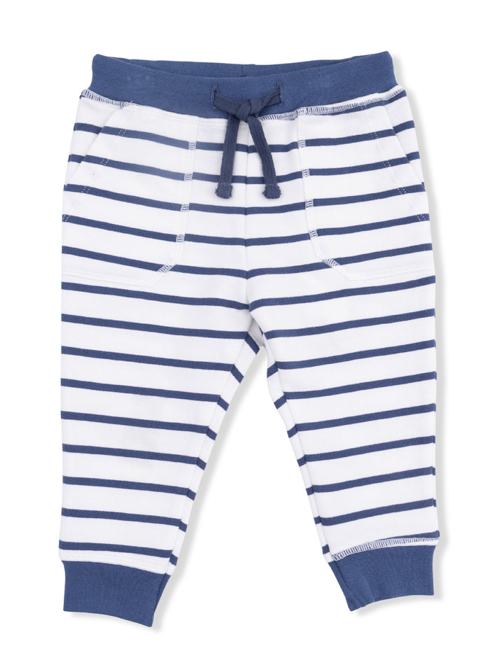 Striped blue and white toddler sweatpants with an elastic waistband and pockets.