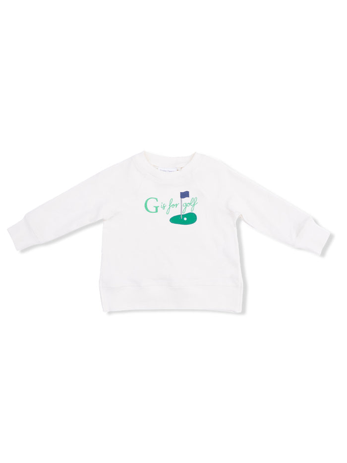 White sweatshirt featuring "G is for golf" design with a golf flag and hole.