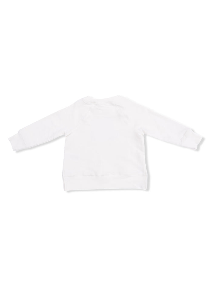 Back view of a plain white sweatshirt with long sleeves and a rounded neckline.