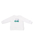 White sweatshirt featuring a playful golf cart graphic on the front. Casual and stylish for kids.