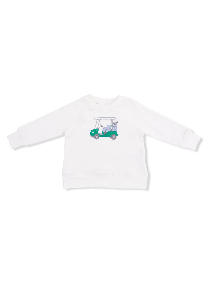 White sweatshirt featuring a playful golf cart graphic on the front. Casual and stylish for kids.