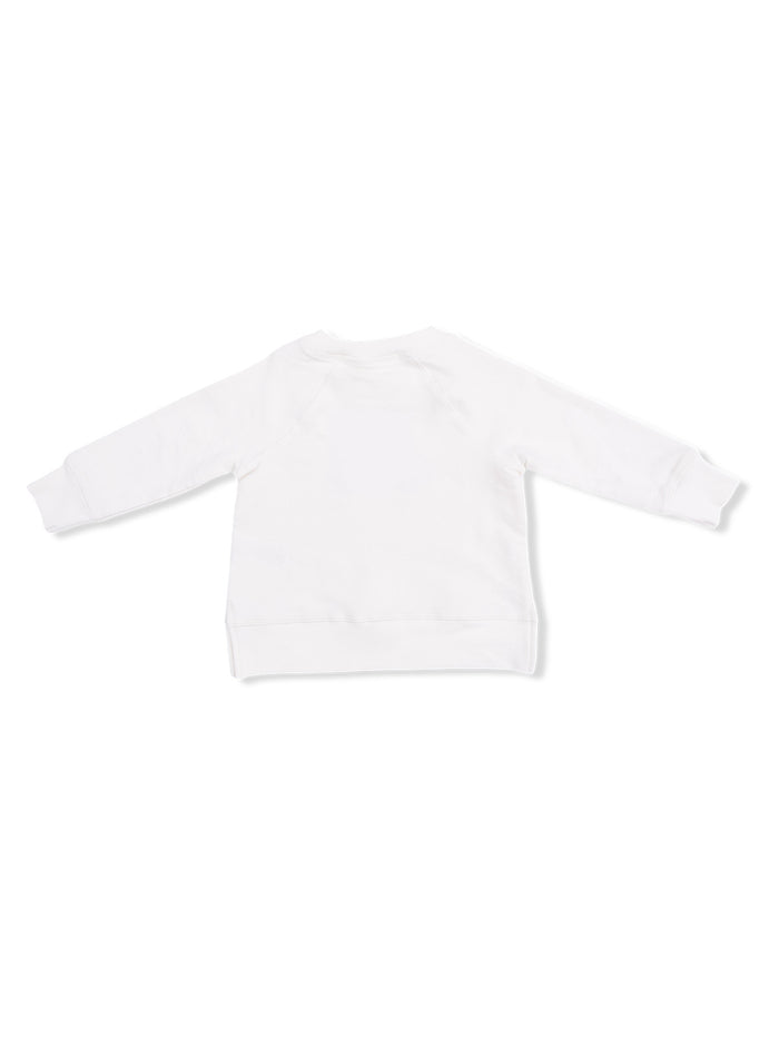 Back view of a white long-sleeve sweatshirt for children, showcasing its simple and classic design.