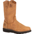 Brown boot with black sole on a white background