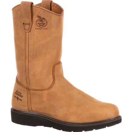 Brown boot with black sole on a white background