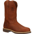 Brown leather boot with a visible brand logo on a white background