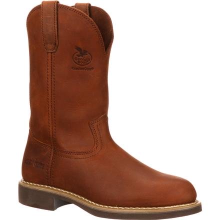 Brown leather boot with a visible brand logo on a white background