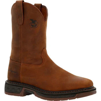 A brown, unlined, leather Georgia Boot with a cushion EVA midsole and a fiberglass shank.