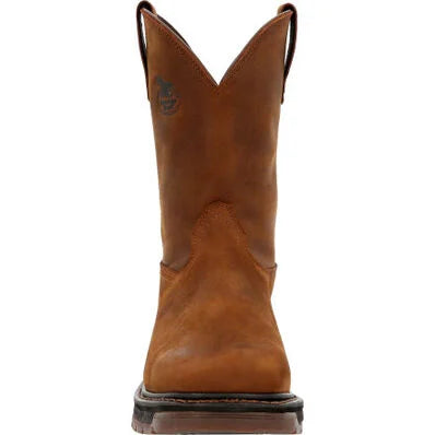 A brown, unlined, leather Georgia Boot with a cushion EVA midsole and a fiberglass shank.