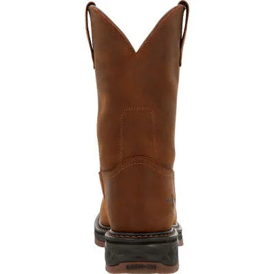 A brown, unlined, leather Georgia Boot with a cushion EVA midsole and a fiberglass shank.