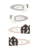 Set of four Halloween-themed hair clips featuring ghosts and a house design.