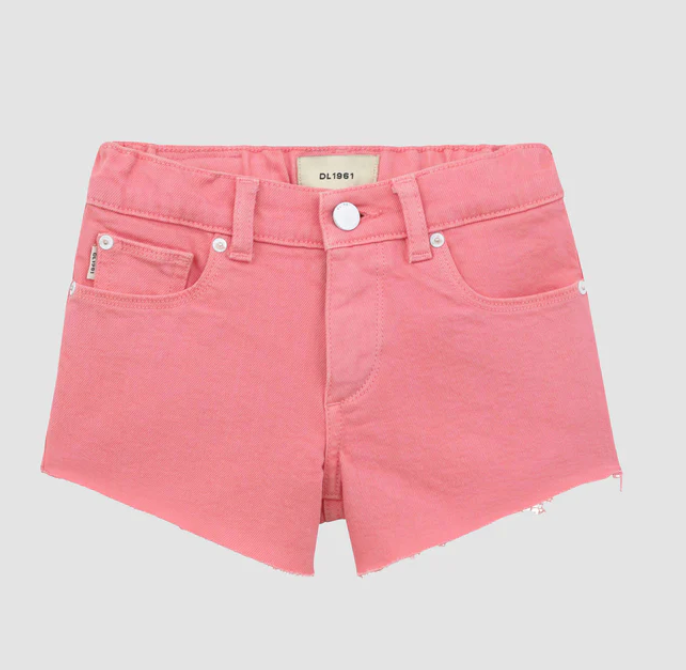 Pink denim shorts with raw edge hem and silver button displayed on a white background.