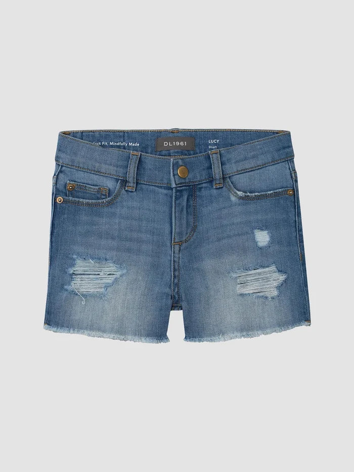 Dark wash denim shorts with a raw edge hem, small rips on the front, and brown button displayed on a white background.