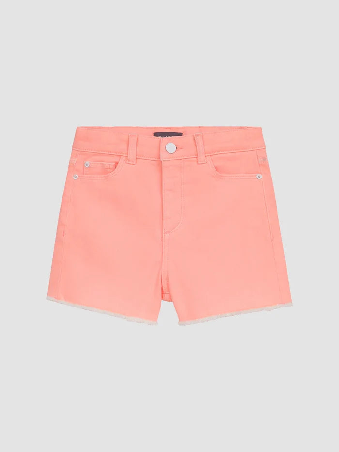 Peach denim shorts with raw edge hem and a silver button displayed on a white background.