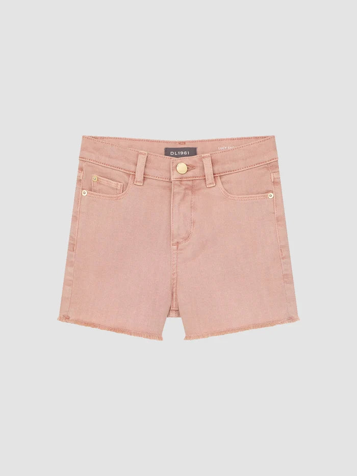 Peach denim shorts with raw edge hem and gold button displayed on a white background.
