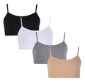 Set of five spandex tank tops in black, white, gray, and beige on a white background