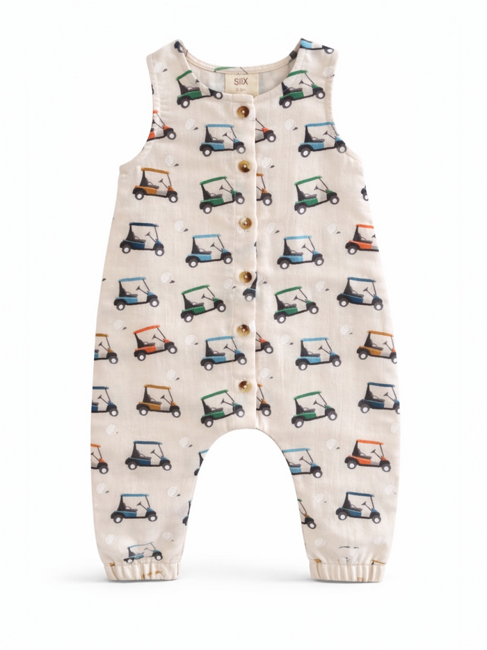 Boys' sleeveless romper featuring a playful golf cart print on a light background, with wooden buttons.