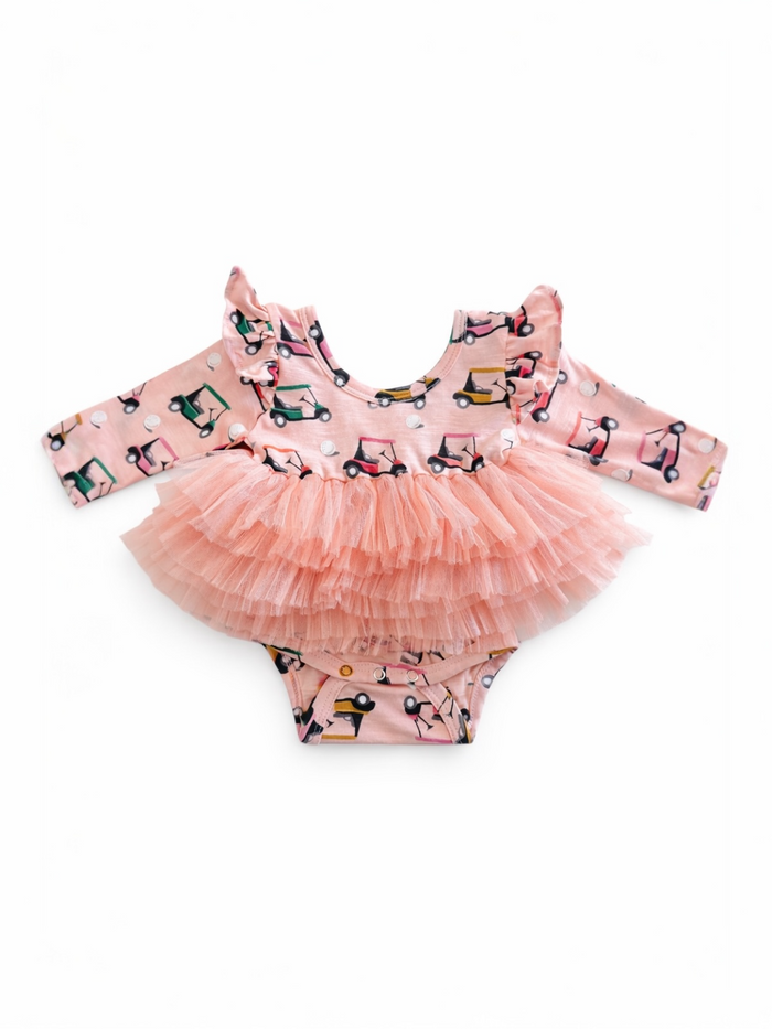 Pink ruffled dress with a frilly skirt and a playful vehicle pattern, perfect for young children.