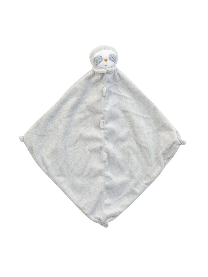 Gray sloth-themed lovey blanket with a round head and playful facial features. Soft and cuddly.