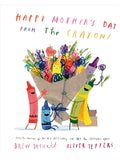 Colorful illustration of crayons holding a bouquet with "Happy Mother's Day" text above. Cheerful and playful design.
