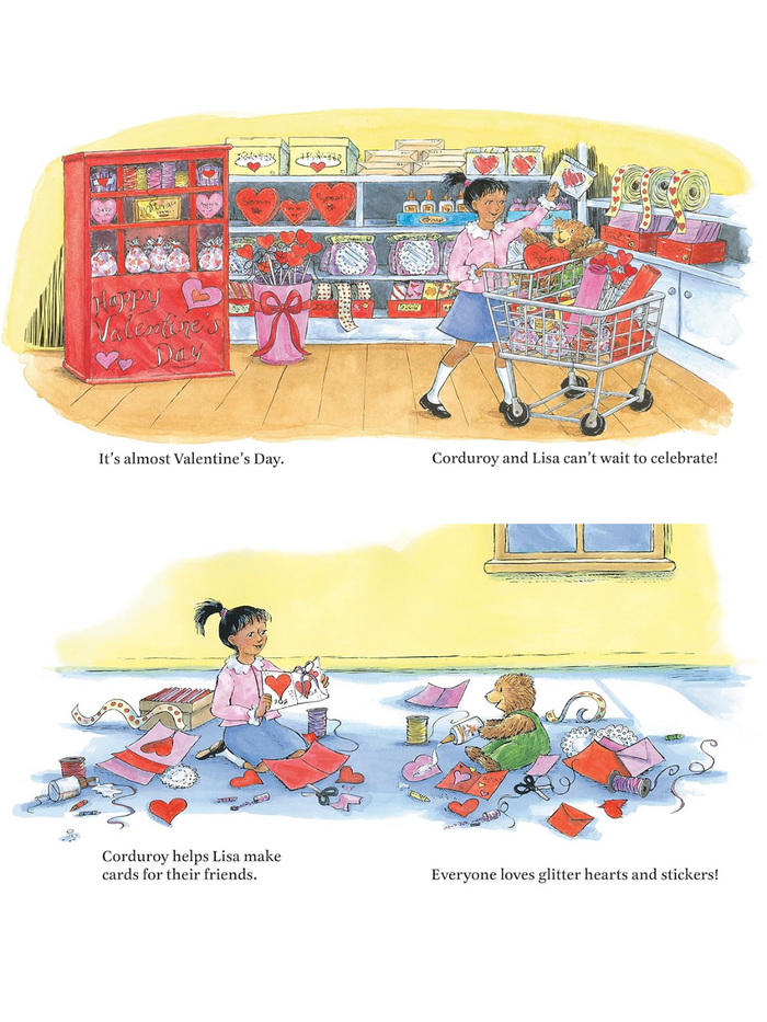 Children celebrate Valentine's Day shopping and crafting cards with hearts and glitter. Joyful moments shared.