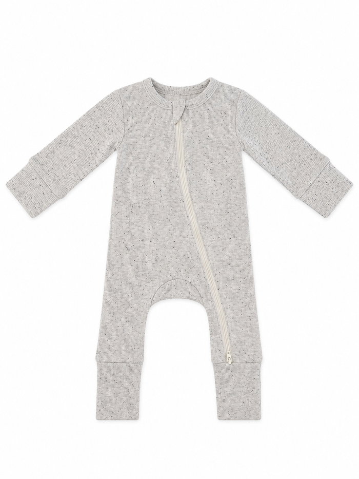 Gray baby onesie with long sleeves and a front zipper, featuring a textured fabric pattern.