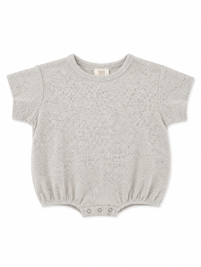 Gray short-sleeve baby bodysuit with ribbed texture and snap button closure at the bottom.