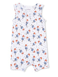 White romper with colorful popsicle pattern, featuring orange, blue, and white. Ideal for summer wear.