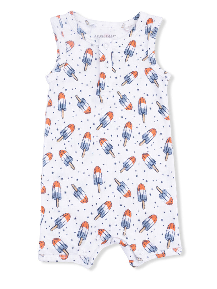 White romper with colorful popsicle pattern, featuring orange, blue, and white. Ideal for summer wear.