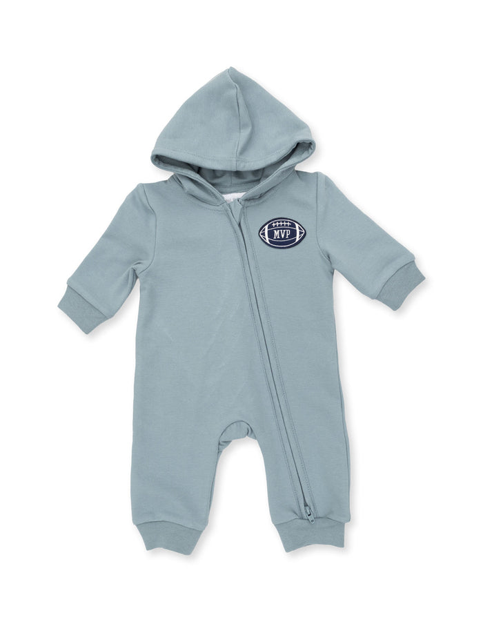 Light blue hooded baby onesie with a football MVP emblem. Perfect for young sports fans.