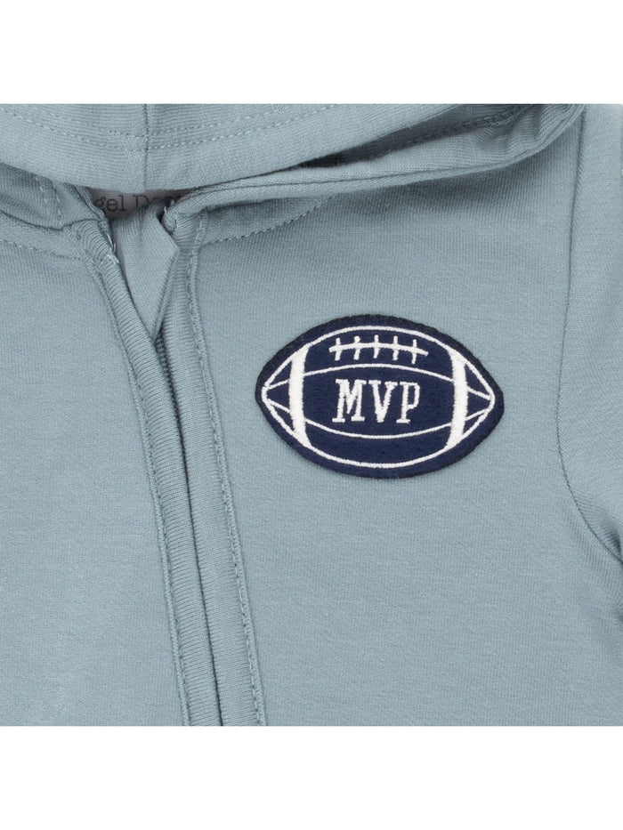 Light blue hoodie featuring a navy embroidered MVP football logo.