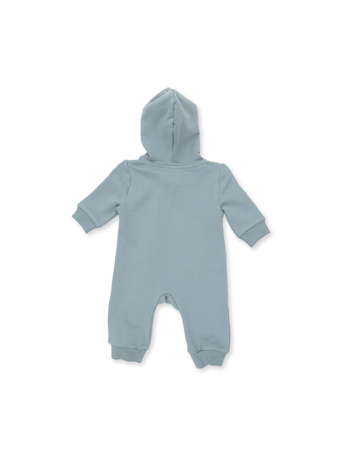 Blue baby onesie with a hood and long sleeves, designed for comfort and warmth.