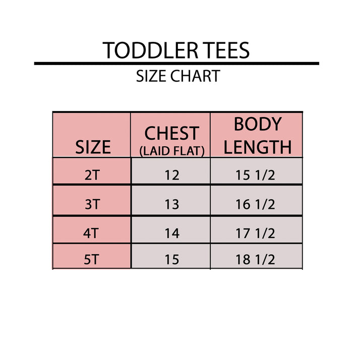 Size chart for toddler tees showing sizes 2T to 5T with chest and body length measurements.