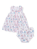 Floral infant dress and bloomers set in pastel colors, featuring a collar and button-down front.