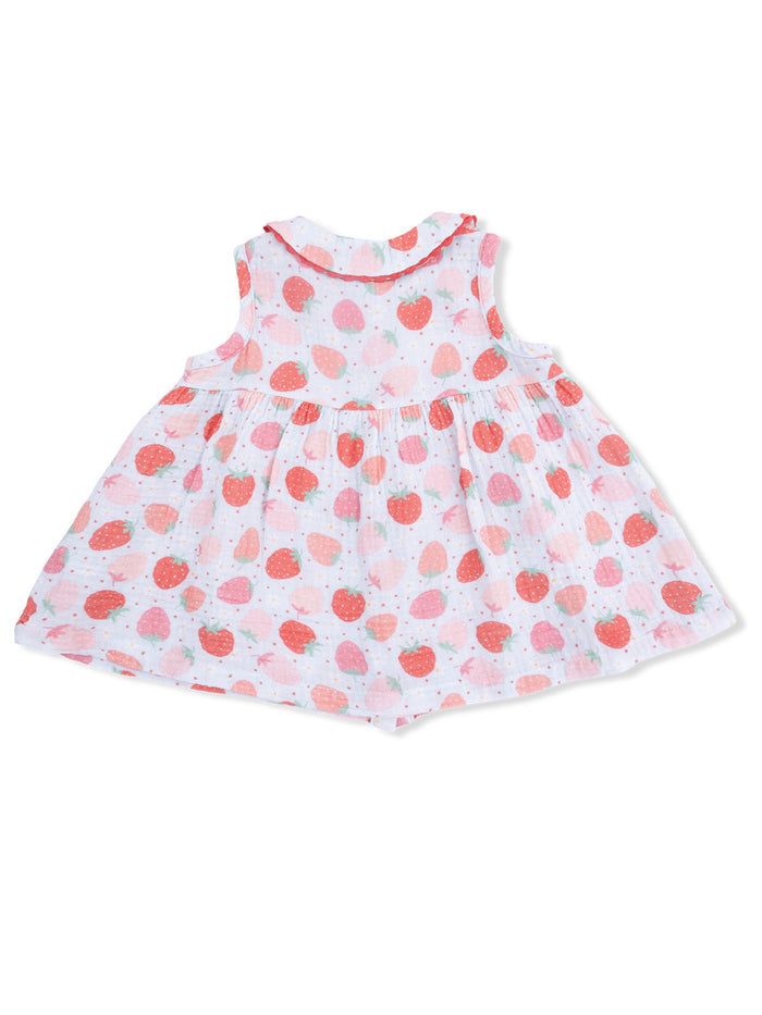 Toddler dress featuring a strawberry pattern on a light pink background, with a sleeveless design and ruffled hem.