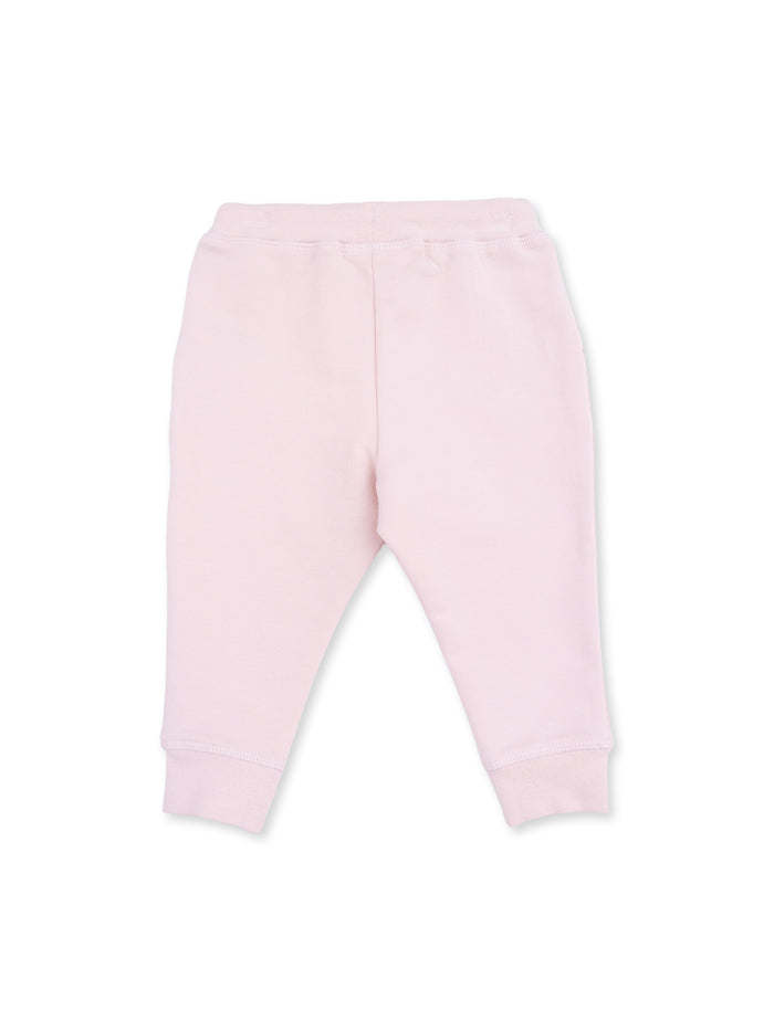 Light pink baby pants with elastic waistband and cuffed ankles, suitable for comfortable daily wear.