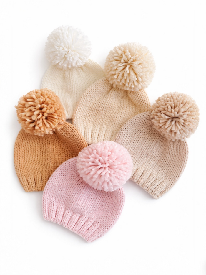 Six knitted winter hats in pastel colors, each topped with a fluffy pom-pom, arranged decoratively.