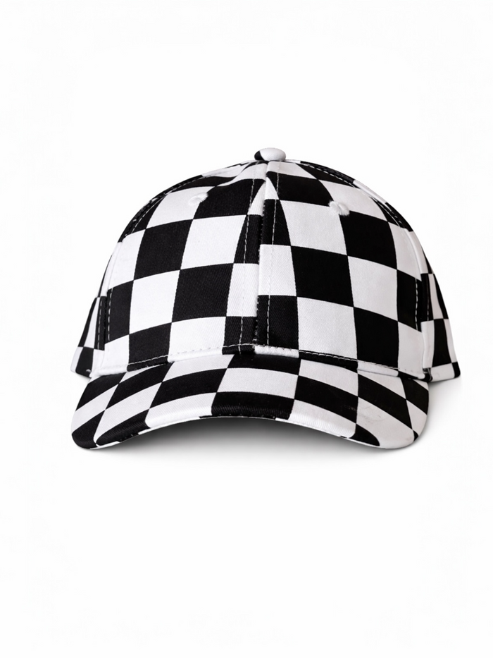 Black and white checkered cap displayed front view on a white background.