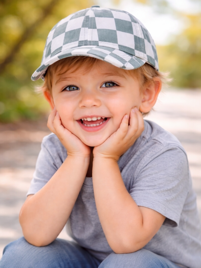 Smiling child with a checkered cap resting chin on hands, sitting outdoors on a path with greenery in the background.