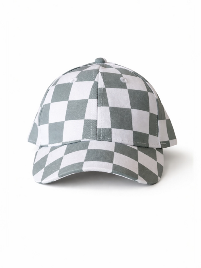 Gray and white checkered baseball cap with a curved brim, displayed on a white background.