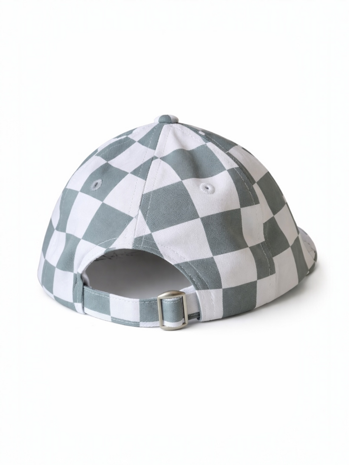 Back view of a checkered cap in gray and white with an adjustable strap.