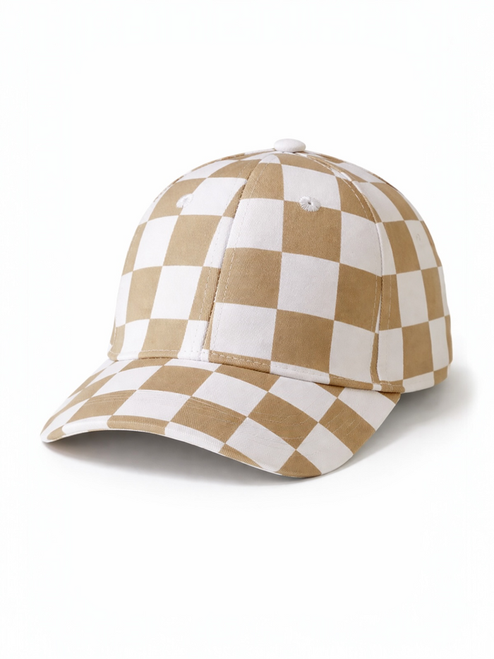 Brown and white checkered baseball cap with a curved visor, shown at an angle.